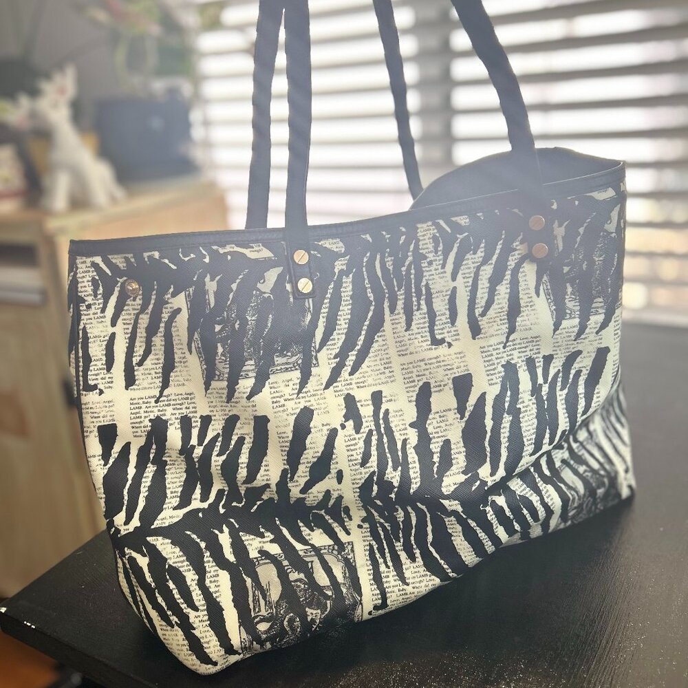 Authentic L.A.M.B. Mandalay Zebra Newsprint Large Tote by Gwen Stefani